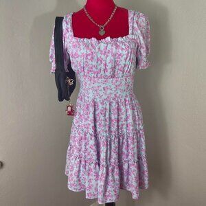Pink Blue Floral Sakura Cherry Blossom Print Tiered Puff Sleeve Babydoll Dress M